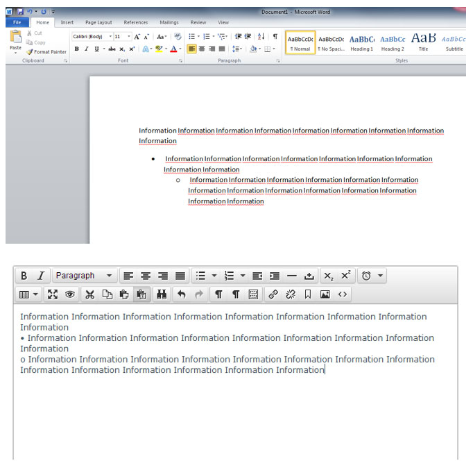 The types of formatting issues that can occur when you copy content into Course Outlines