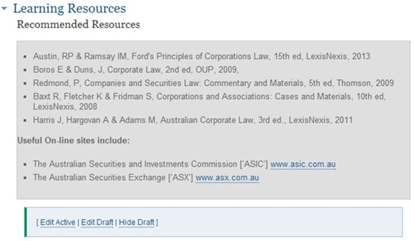 The published version of the Recommended Resources example in Course Outlines