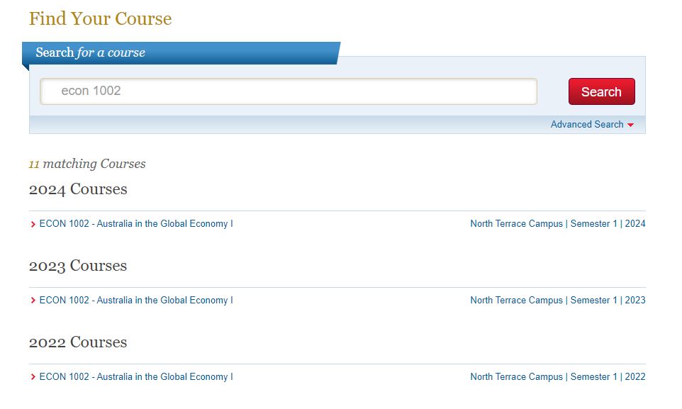 What the search results look like in Course Outlines