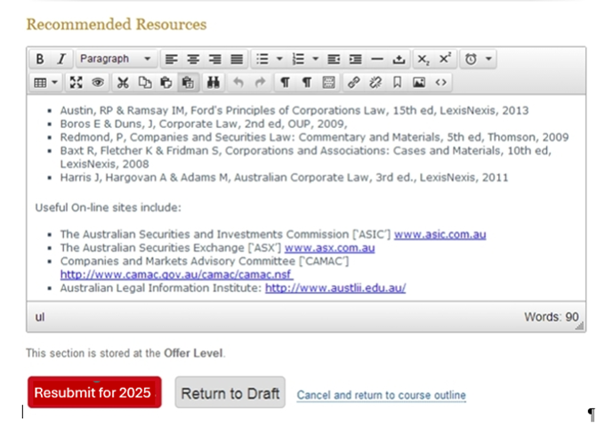 The editing window in Course Outlines with draft content