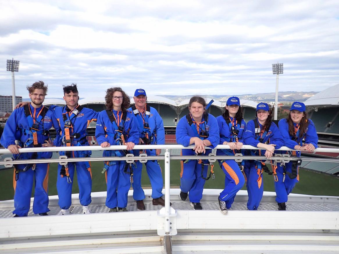 Group photo of students attending the Ingkarni Wardli Technologies Program completing a Adelaide Oval Rood Climb