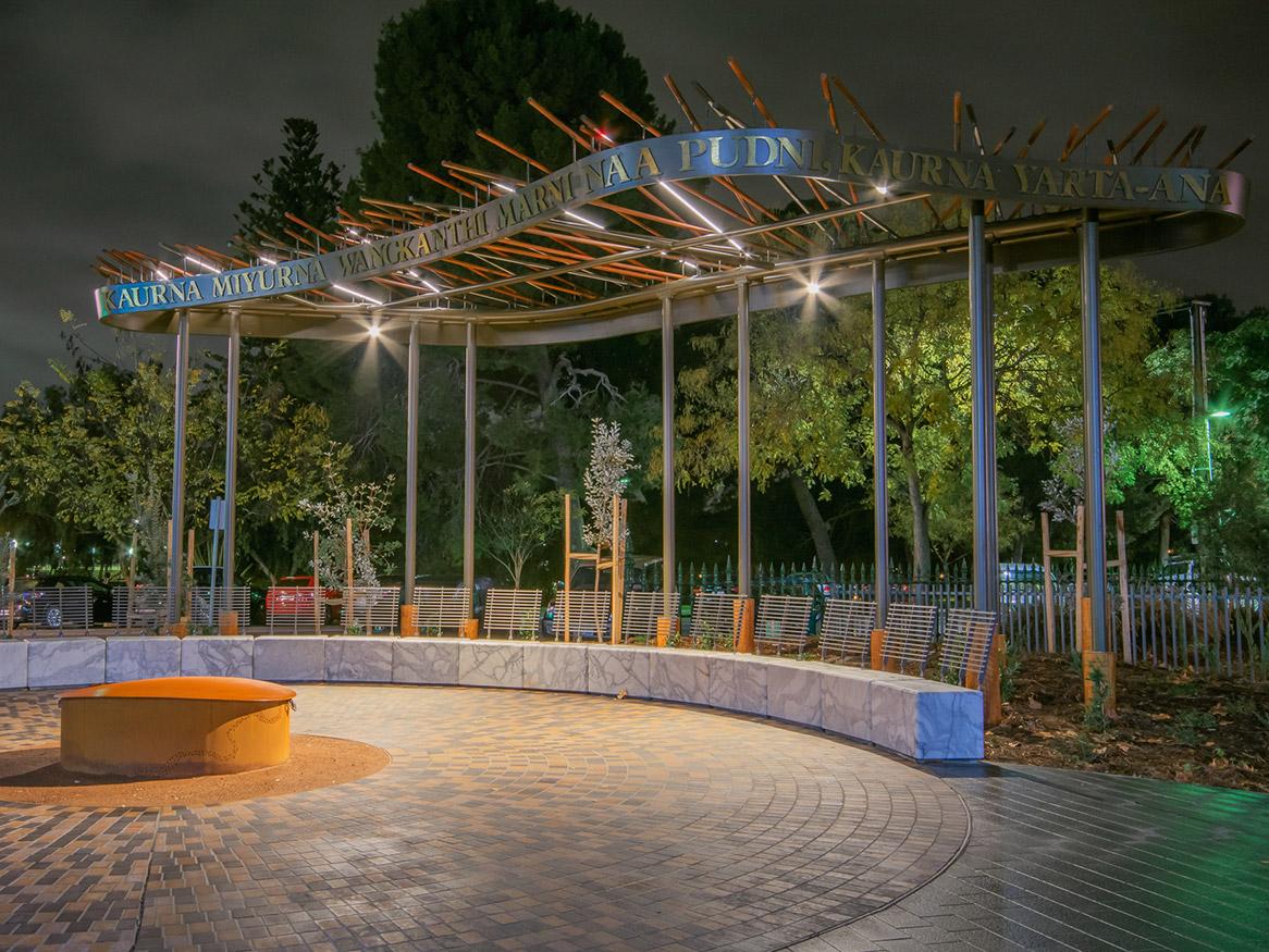 Kaurna Learning Circle and fire pit lit up at night